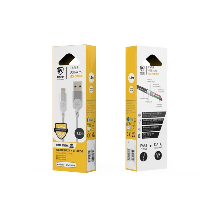 TIGER POWER CABLE USB-A LIGHTNING 1,2M BLANC