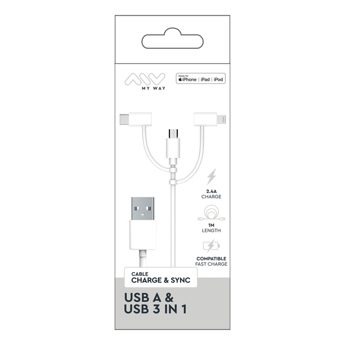 CABLE 3 EN 1 INPUT USB-A 1M BLANC