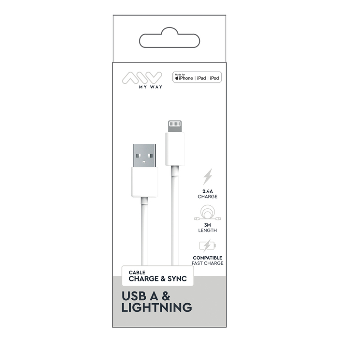CABLE USB-A LIGHTNING 3M BLANC