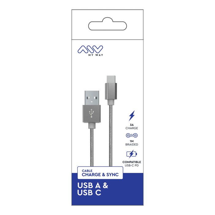 CABLE TRESSE USB-A USB-C 1M GRIS